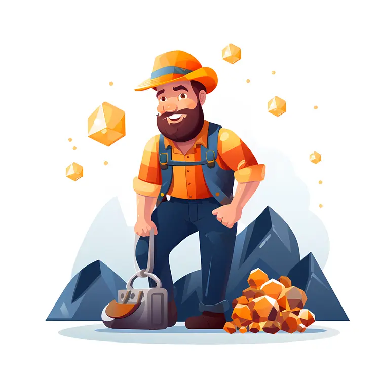 Cartoon Miner with Tools and Rocks