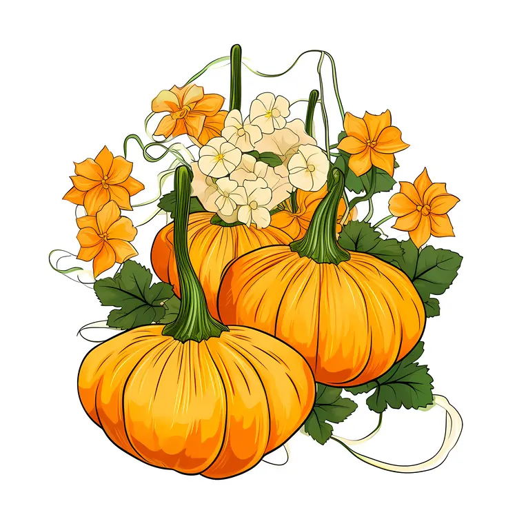 Beautiful Pumpkins with Flowers Illustration