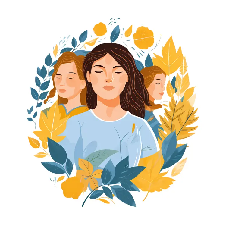 Peaceful Women Surrounded by Autumn Leaves and Flowers