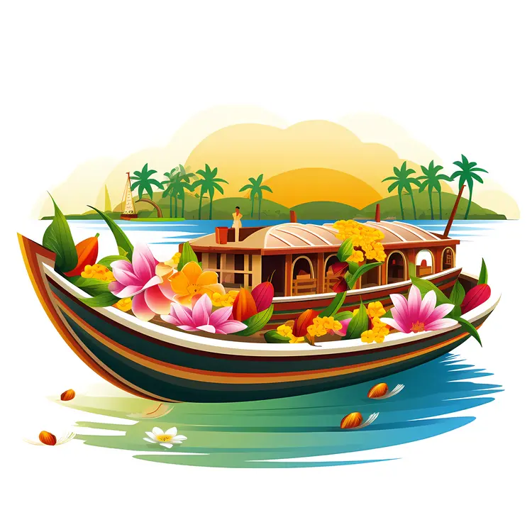 Beautiful Houseboat with Flowers in Tropical Scenery