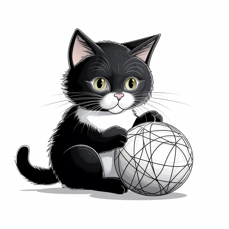 Cute Black and White Cat Playing with a Ball of Yarn