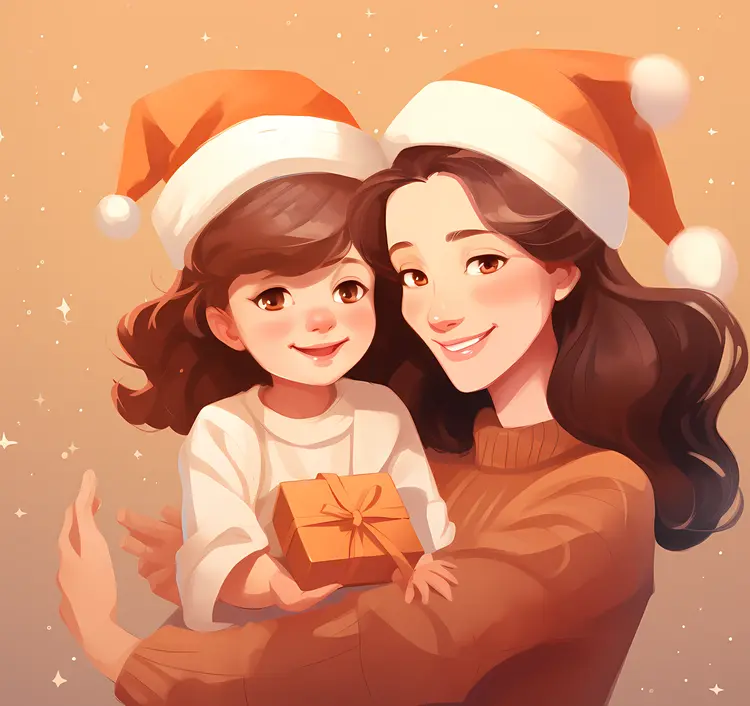 Mother and Child with Christmas Gift