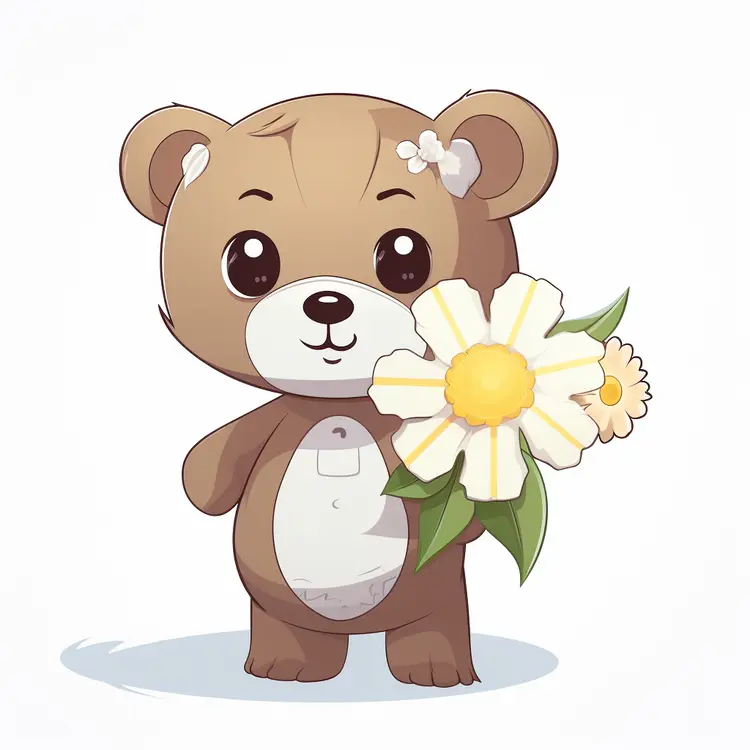 Cute Cartoon Bear Holding a Flower