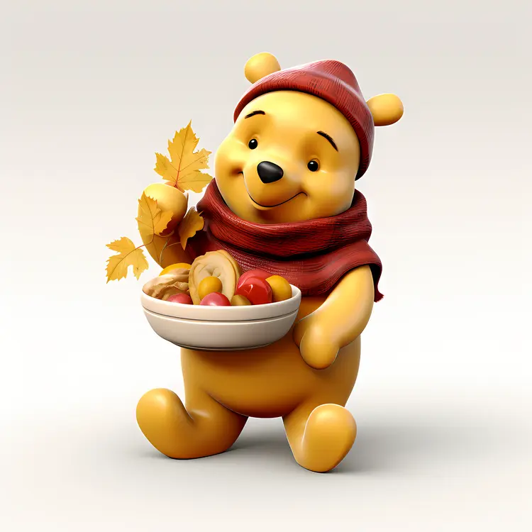 Bear Holding Basket of Autumn Fruits and Leaves