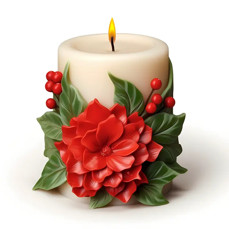 White Candle with Red Flower and Green Leaves for Christmas Decoration