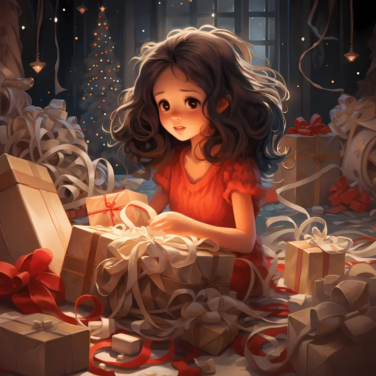 Girl Unwrapping Christmas Gifts