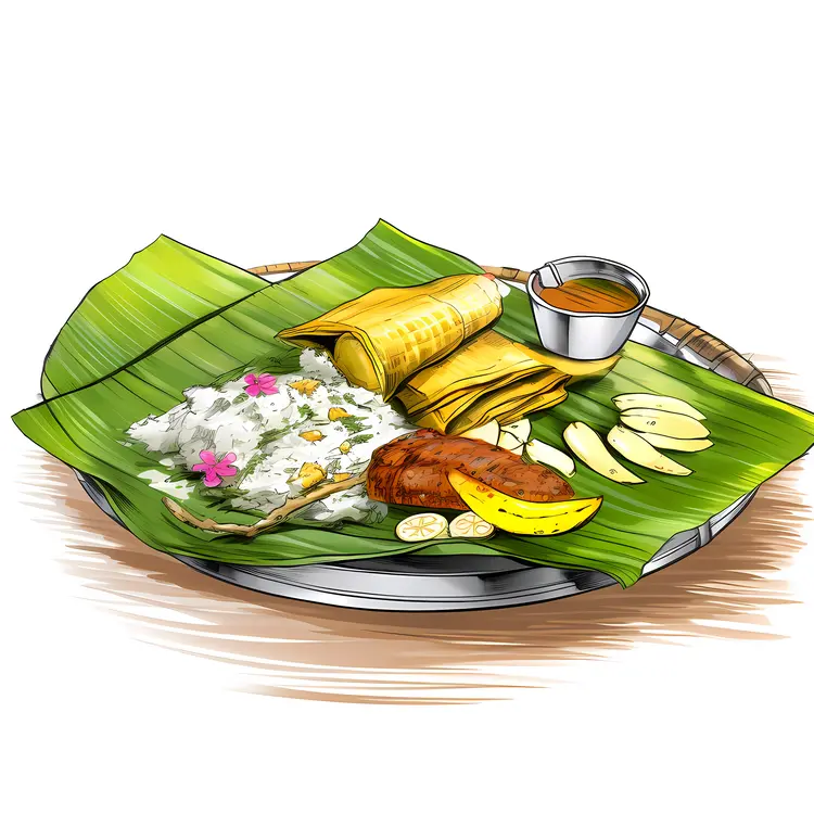 Traditional Meal on Banana Leaf with Rice and Sauce