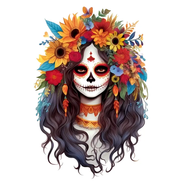 Beautiful Sugar Skull with Floral Crown for Day of the Dead Celebration