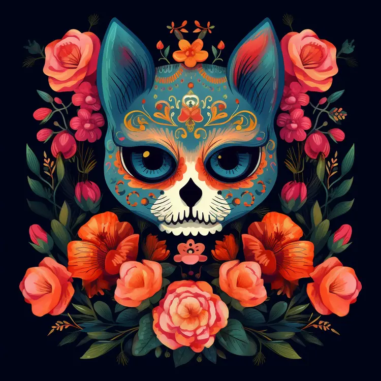Colorful Cat Skull with Flowers for Day of the Dead Celebration