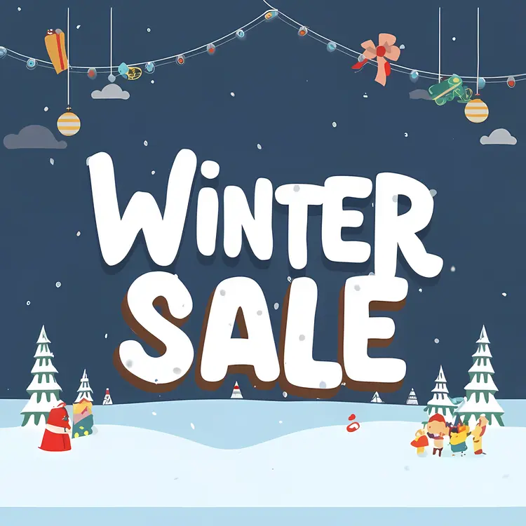 Winter Sale Text with Christmas Decorations and Snow