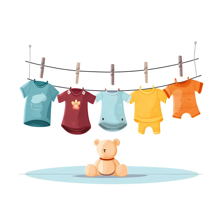 Cute Teddy Bear with Colorful Baby Clothes on Clothesline