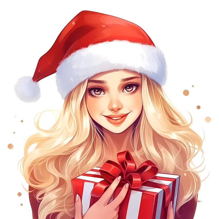 Blonde Girl with Santa Hat Holding a Striped Gift