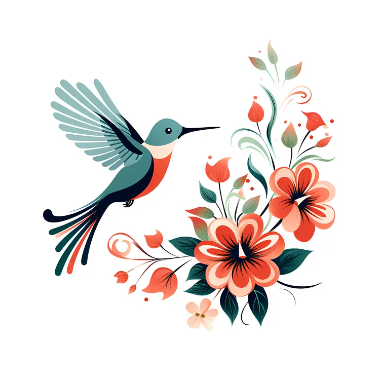 Colorful Hummingbird and Flowers Illustration