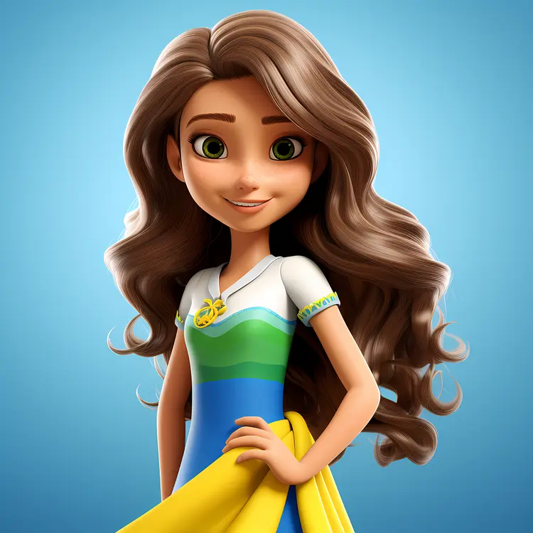 Beautiful Cartoon Girl with Long Hair in Colorful Dress