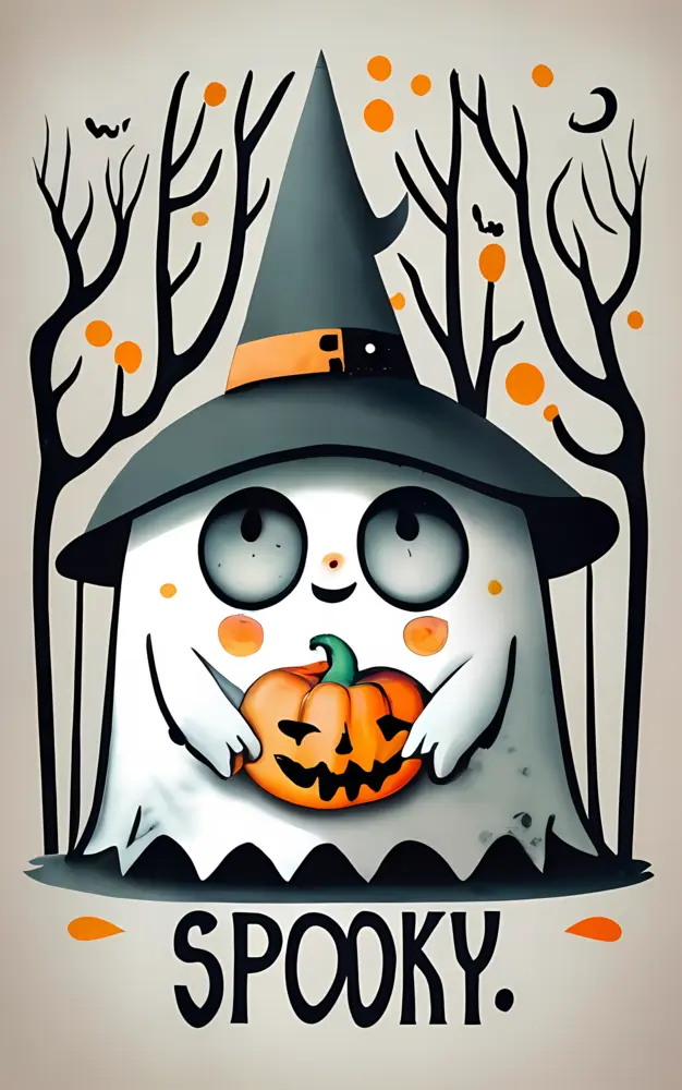 Cute ghost with witch hat and spooky forest