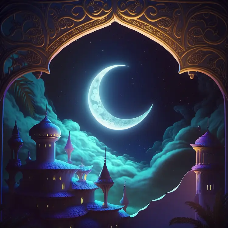 Crescent Moon Over Mosque at Night