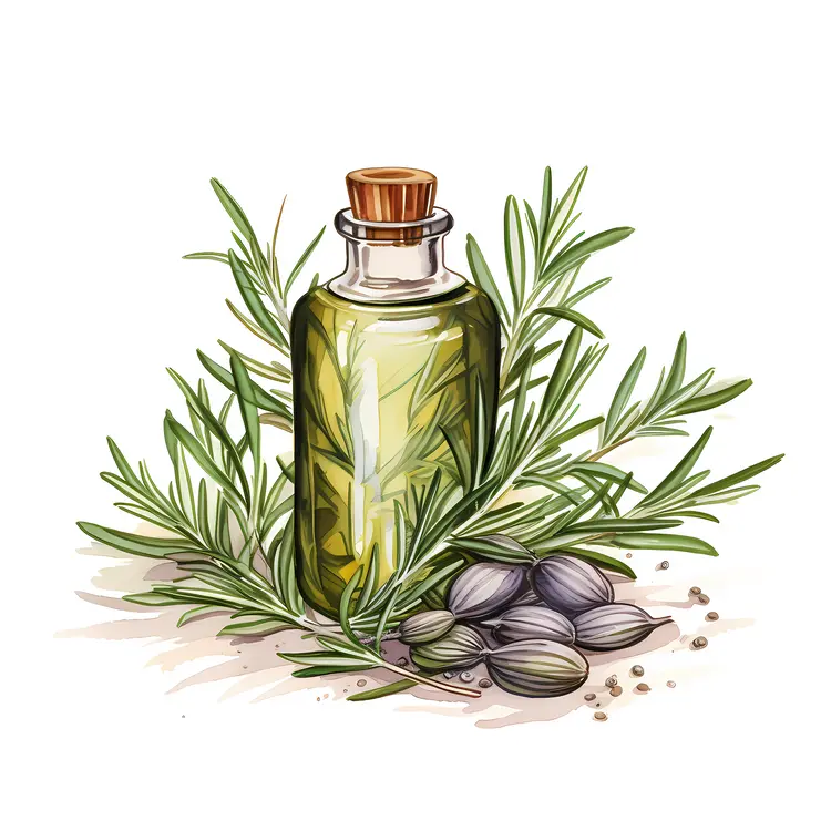 Rosemary Oil in Glass Bottle with Fresh Sprigs