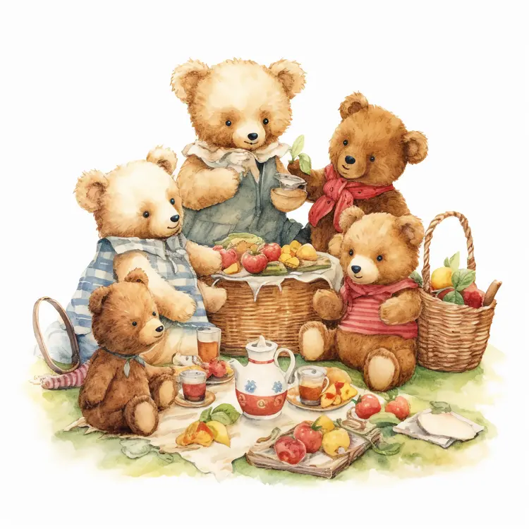 Group of Teddy Bears Having Picnic