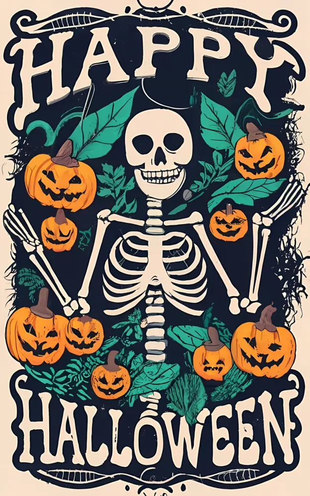 Happy Halloween Skeleton with Pumpkins