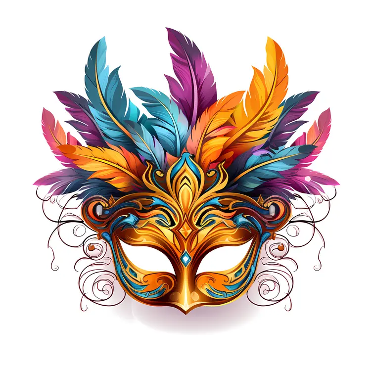 Gold and Colorful Feather Venetian Mask