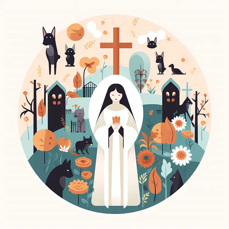Nun with Cats and Cross in Floral Setting