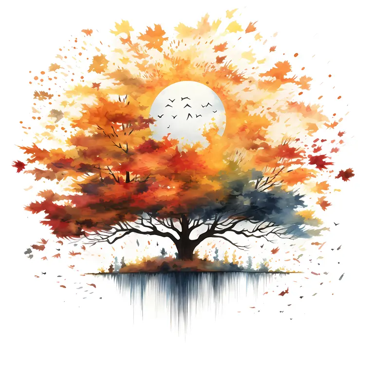 Autumn Tree with Sun and Birds