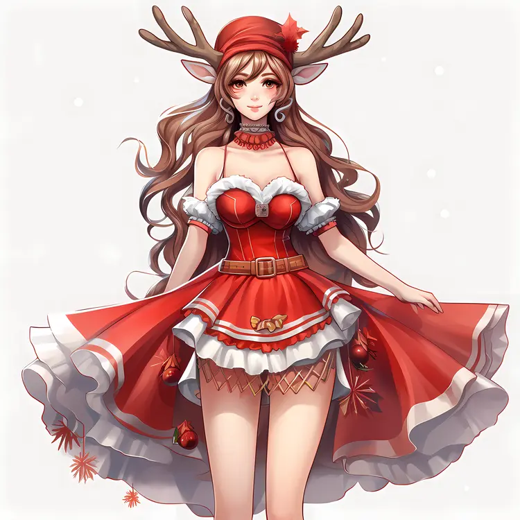 Girl in Festive Red Dress with Antlers