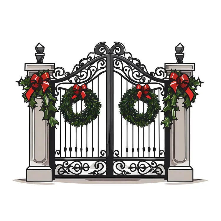 Gate with Christmas Wreaths and Red Bows