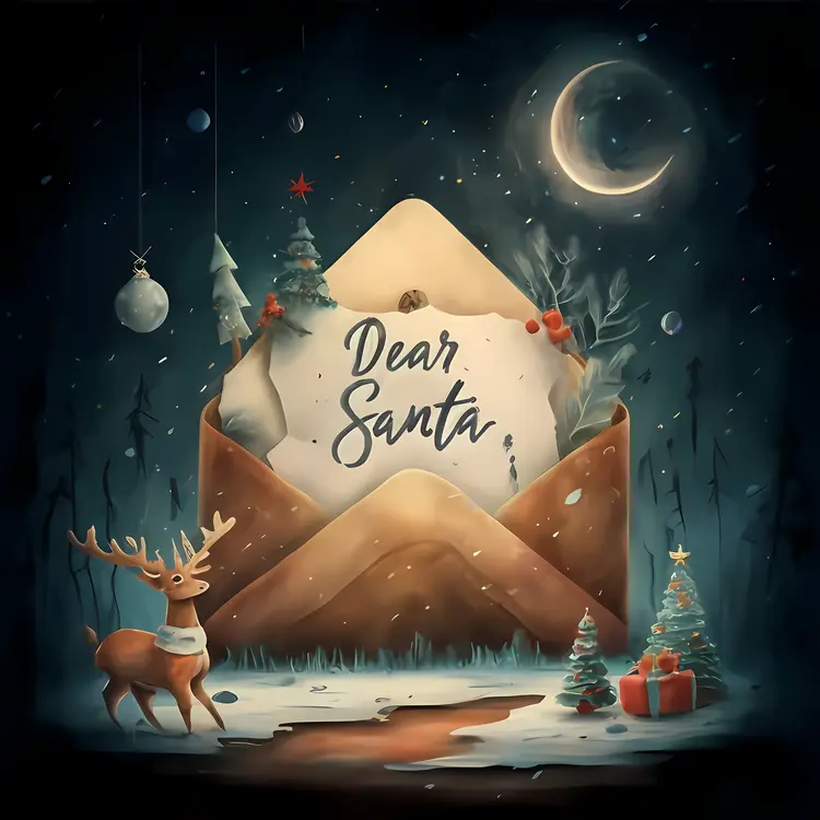 Dear Santa Letter in Brown Envelope with Reindeer and Moon