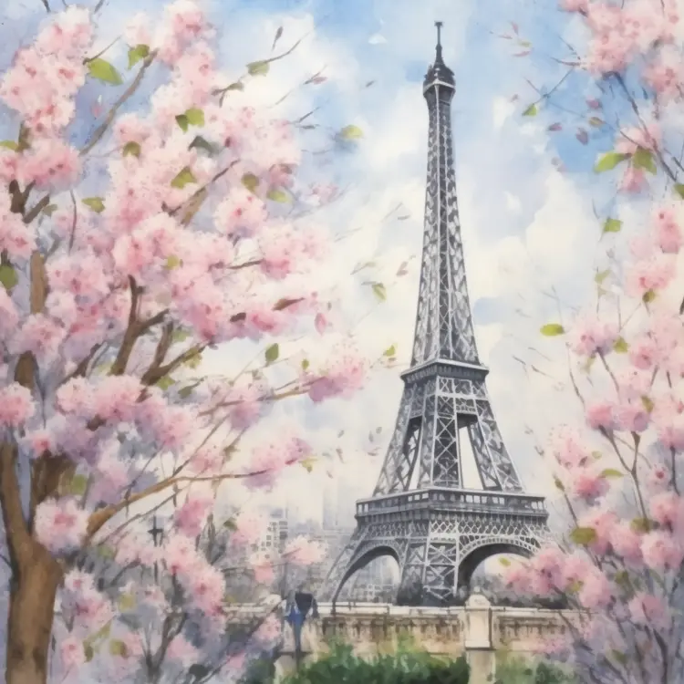 Eiffel Tower with Cherry Blossoms in Spring