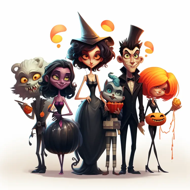 Halloween Family in Costumes with Pumpkins