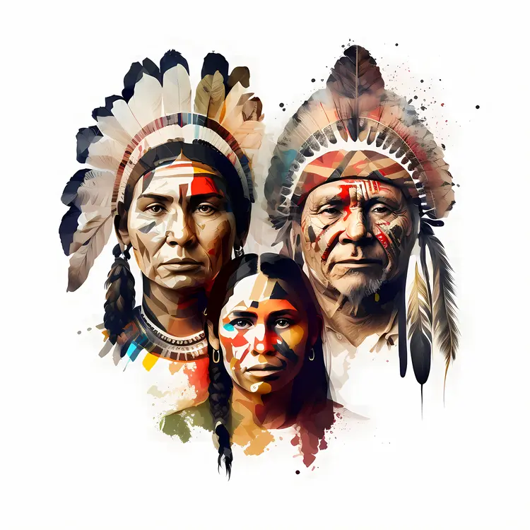 Native American Family with Feather Headdresses and Face Paint