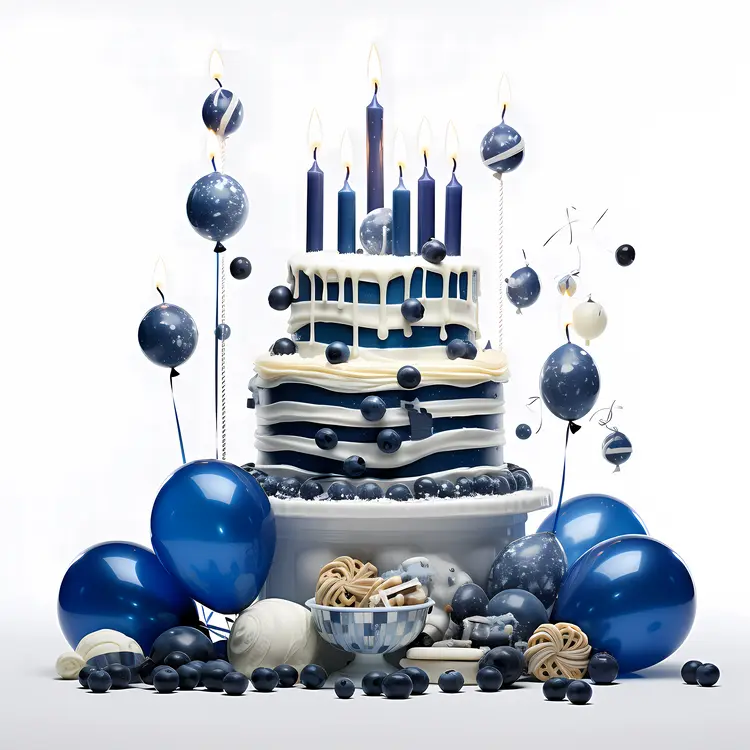 Blue and White Cake with Candles and Decorations