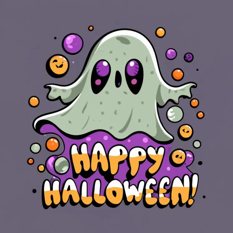 Cute Ghost with Happy Halloween Text