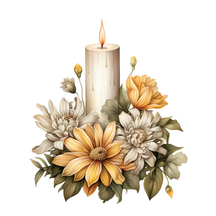 Single Candle with Yellow and White Flowers