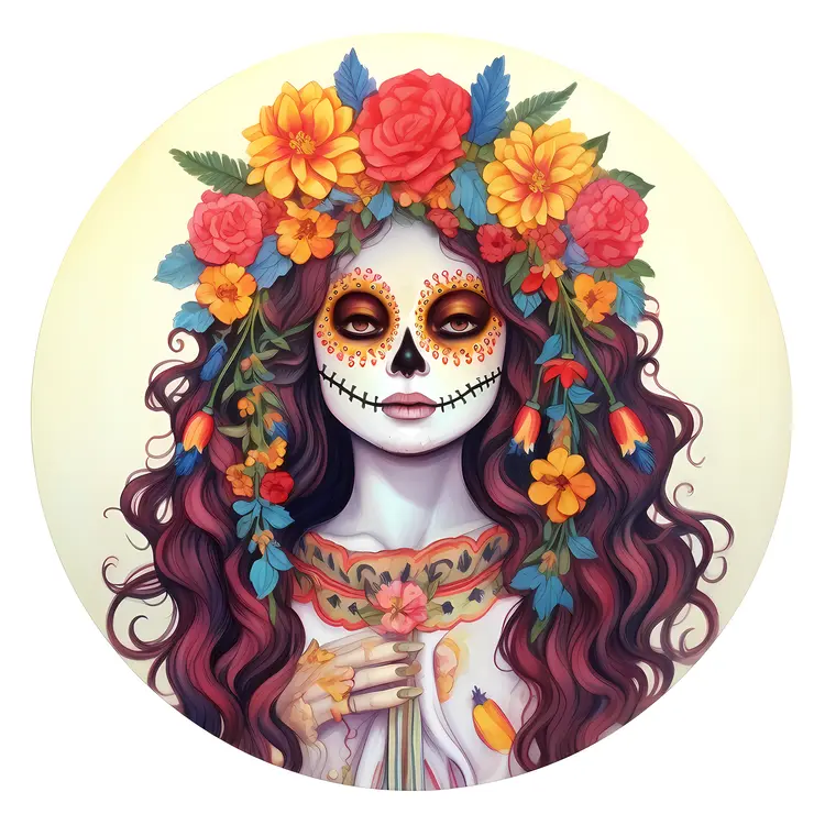 Beautiful Sugar Skull with Floral Crown for Day of the Dead