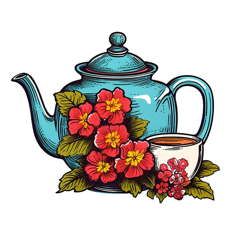 Beautiful Blue Teapot with Flowers and Cup