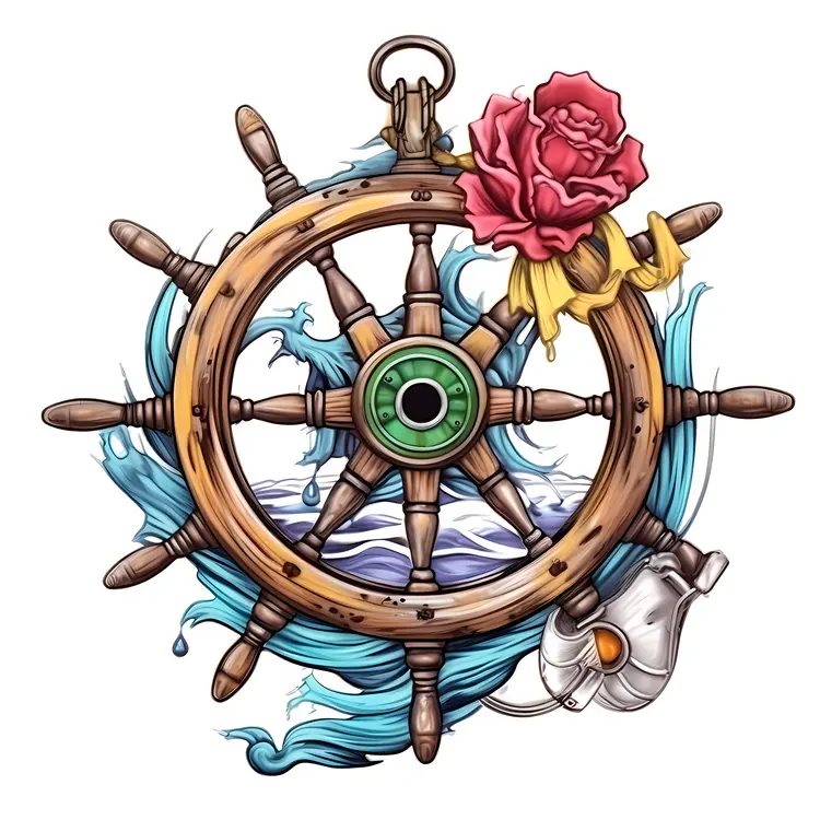 Nautical Ship Wheel with Rose and Anchor Illustration