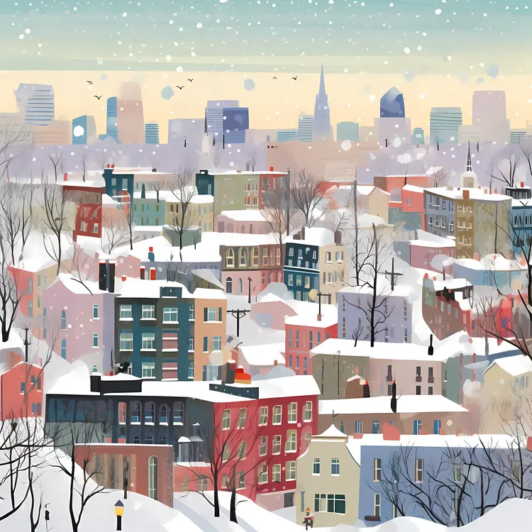 Snowy Cityscape with Colorful Buildings