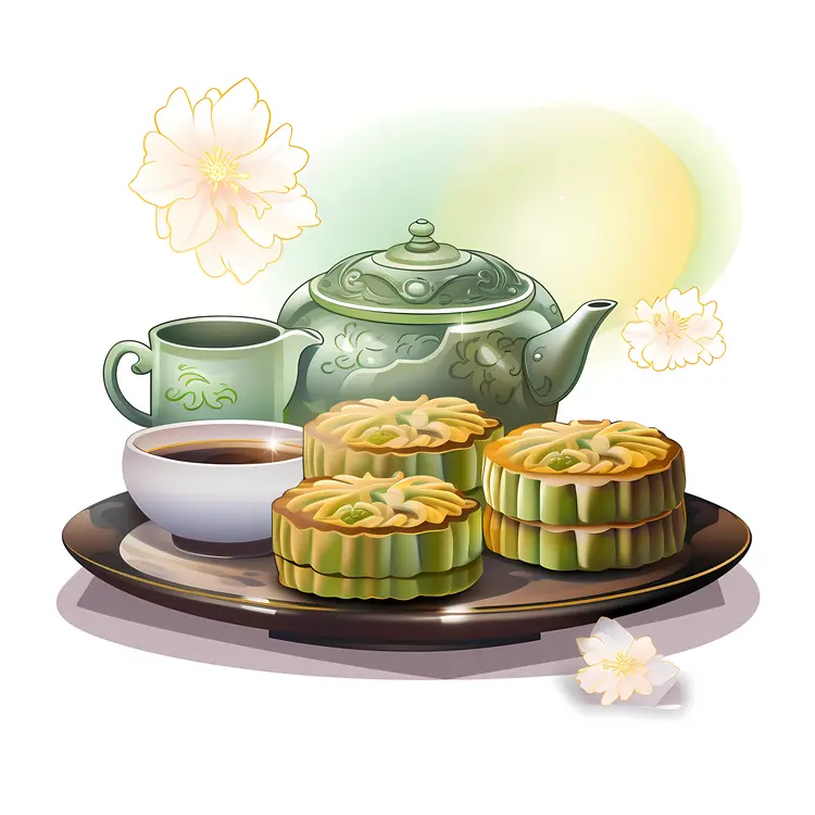 Green Mooncakes with Teapot and Tea