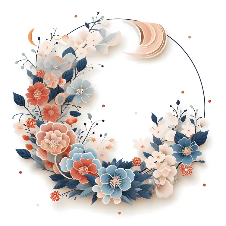 Blue and Pink Flowers with Circular Frame