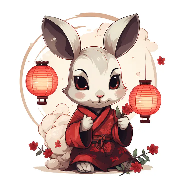 White Rabbit with Red Lanterns and Red Outfit