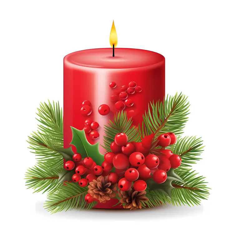 Red Candle with Berries and Pinecones