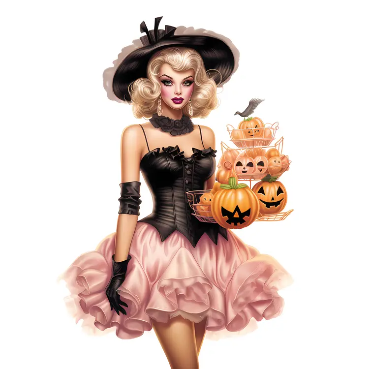 Blonde Witch with Pumpkins in Halloween Costume