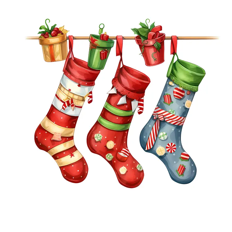 Colorful Christmas Stockings with Gifts and Decorations
