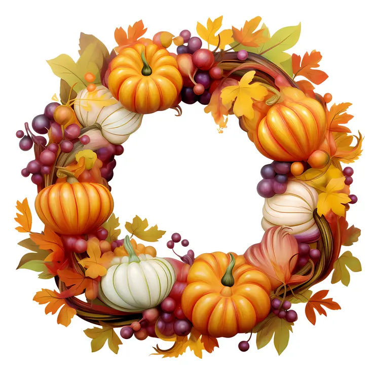Autumn Wreath with Pumpkins and Grapes