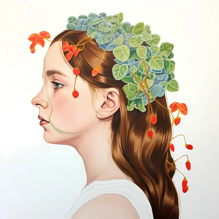 Artistic Portrait of Woman with Plants in Hair