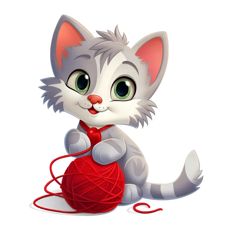 Cute Kitten Playing with Red Yarn Ball