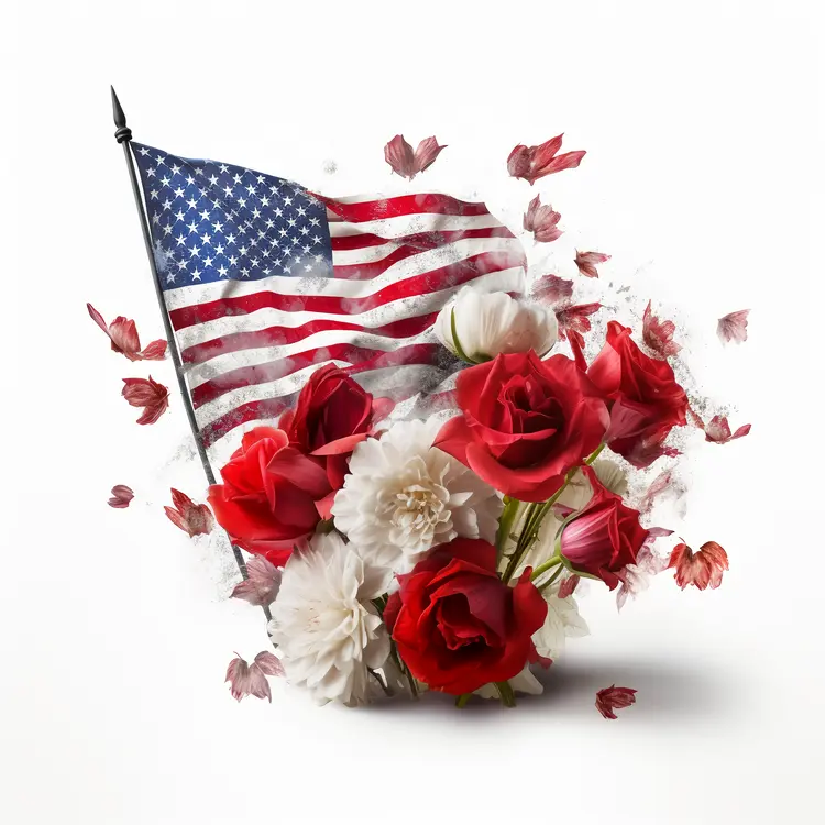 American Flag with Red and White Flowers