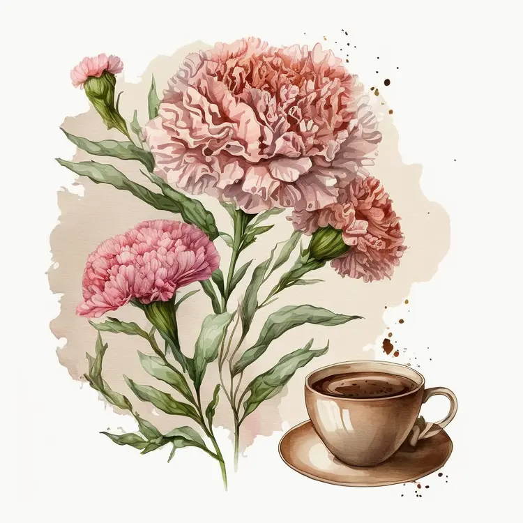 Beautiful Carnation Flowers with Coffee Cup Illustration
